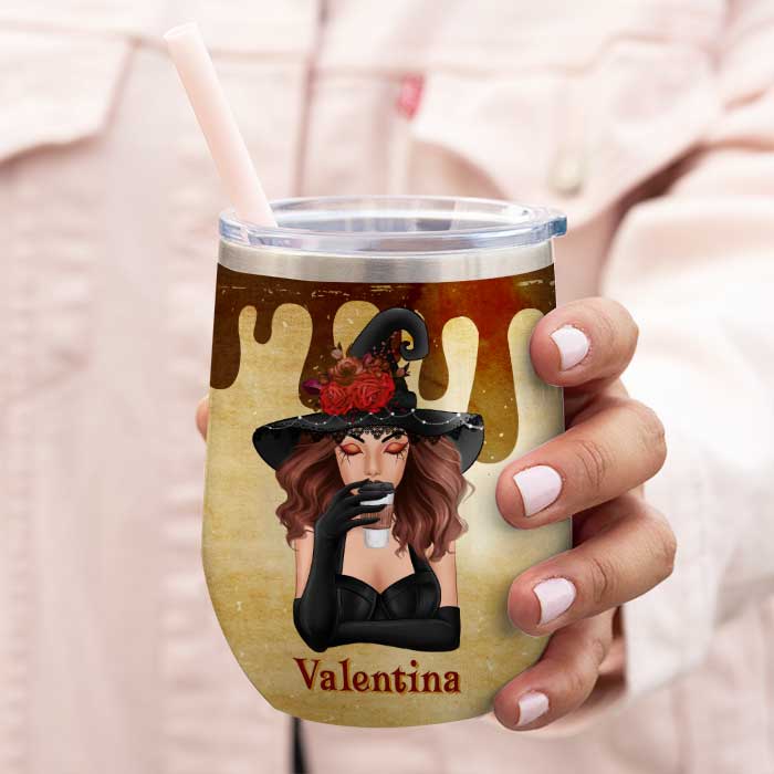 Even Witches Need Coffee - Personalized Wine Tumbler - Gift For Yourself, Halloween Gift - Image 3