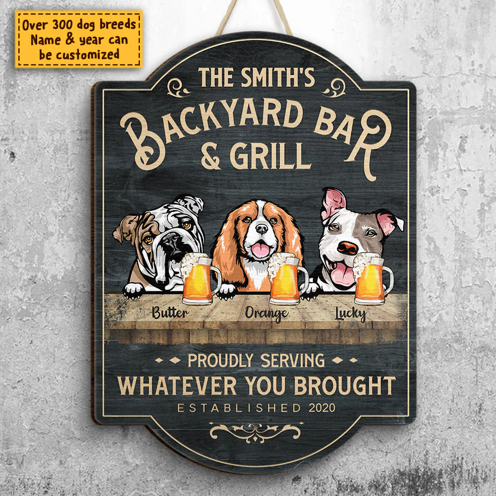 Family Backyard Bar & Grill - Gift For Dog Lovers, Personalized Shaped Door Sign - Image 3