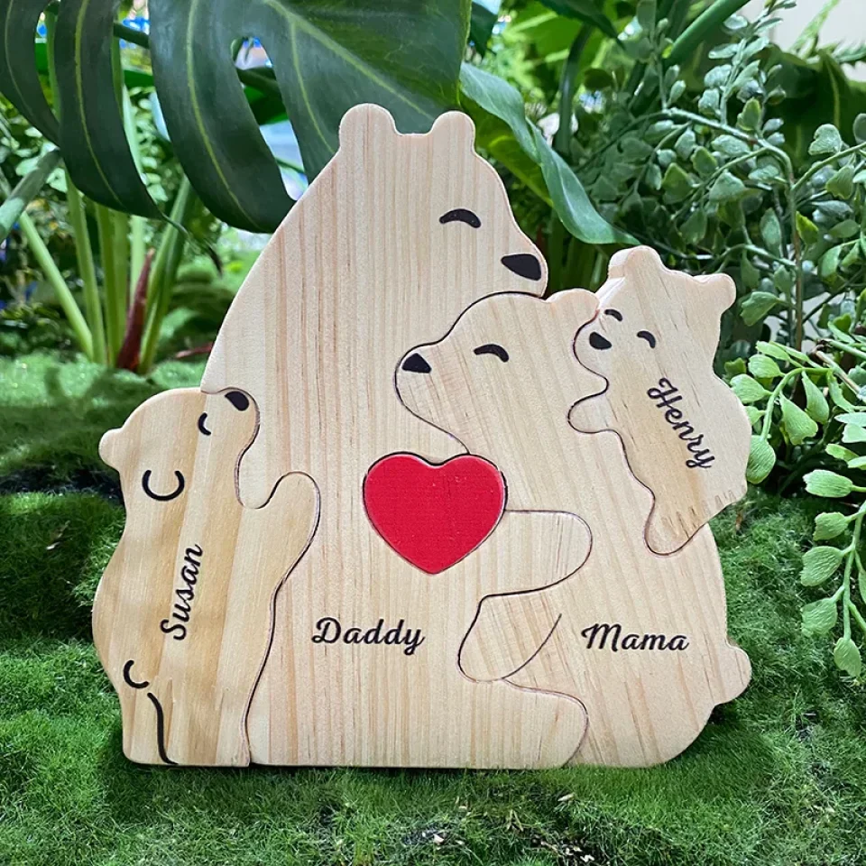 Family Over Everything - Family Personalized Custom Bear, Dinosaur Shaped Wooden Art Puzzle - Wooden Pet Carvings, Wood Sculpture Table Ornaments, Carved Wood Decor - Gift For Family Members - Image 3