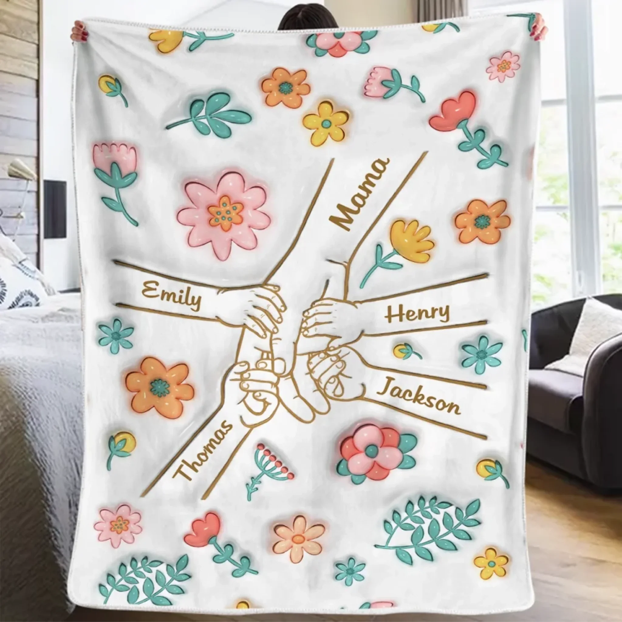 Fingers Tied With Love - Family Personalized Custom 3D Inflated Effect Printed Blanket - Mother's Day, Gift For Mom, Grandma - Image 3