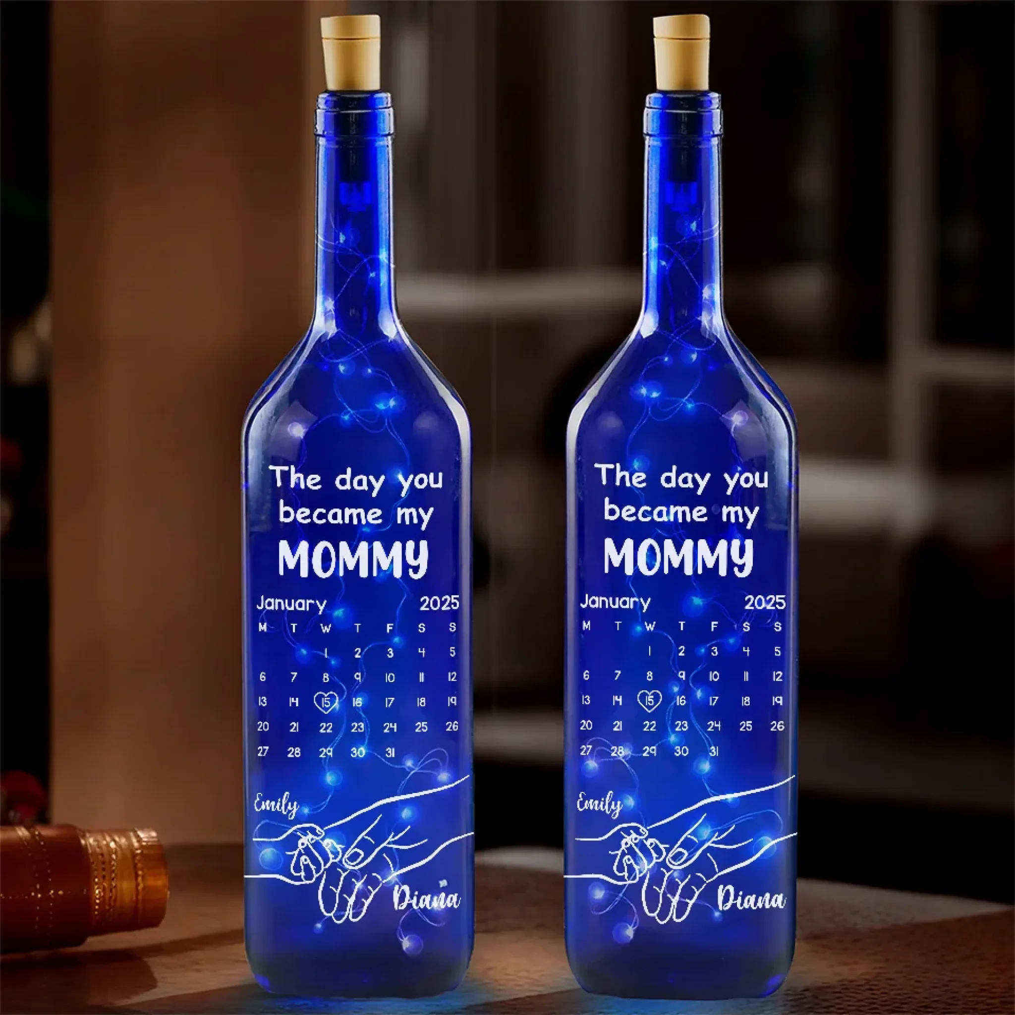 Forever Grateful, The Day You Became My Mommy - Family Personalized Custom Blue Bottle Lamp - Baby Shower Gift, Gift For First Mom