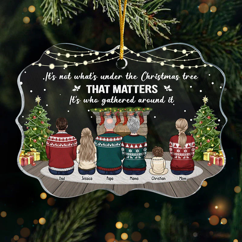 Gathered Around The Christmas Tree - Family Personalized Custom Ornament - Acrylic Benelux Shaped - Christmas Gift For Family Members