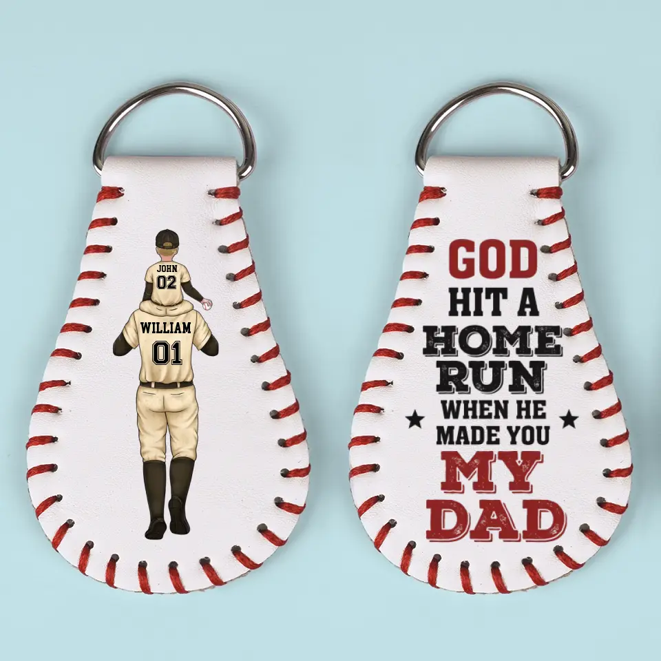 God Hit A Home Run When He Made You My Dad - Family Personalized Custom Leather Keychain - Gift For Family Members - Image 2