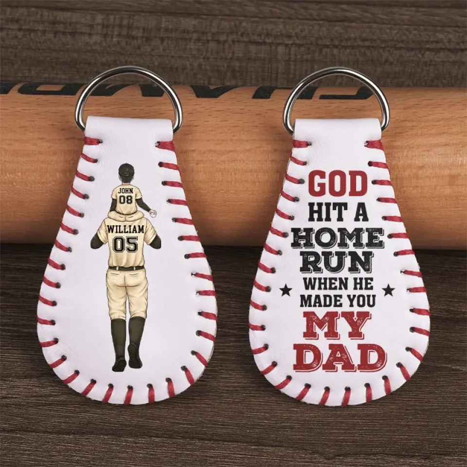 God Hit A Home Run When He Made You My Dad - Family Personalized Custom Leather Keychain - Gift For Family Members - Image 4