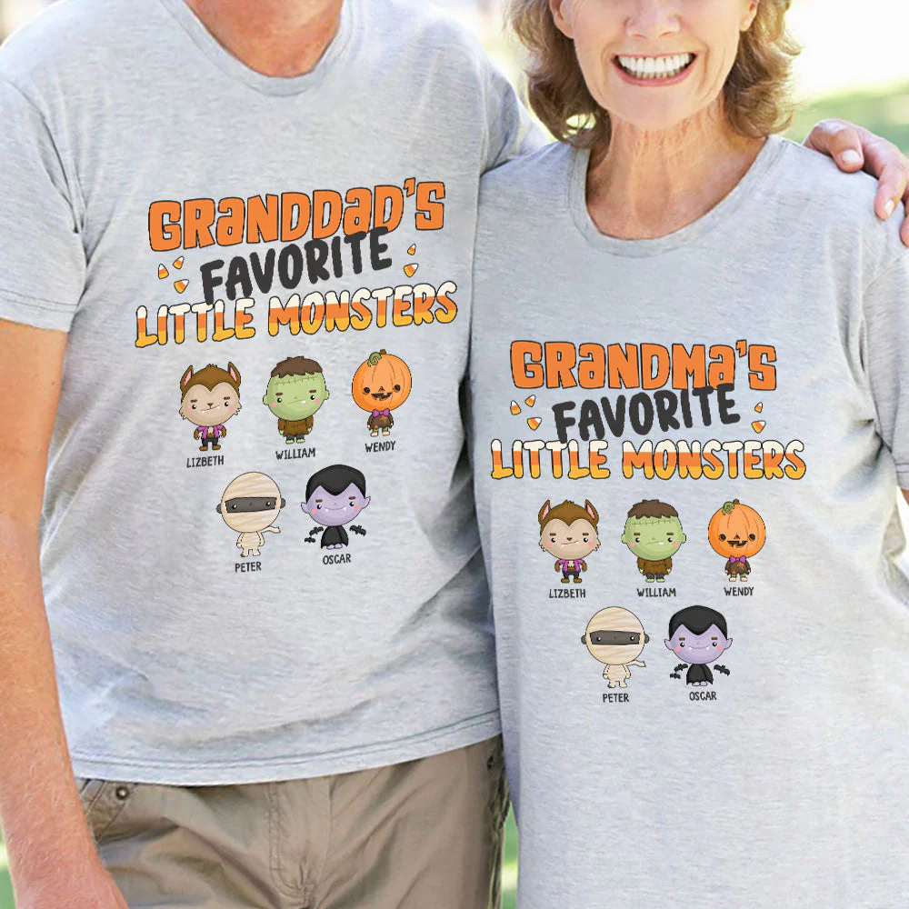 Granddad Grandma's Favorite Little Monsters - Personalized Matching Couple T-Shirt - Gift For Couple, Husband Wife, Grandparents, Halloween Gift