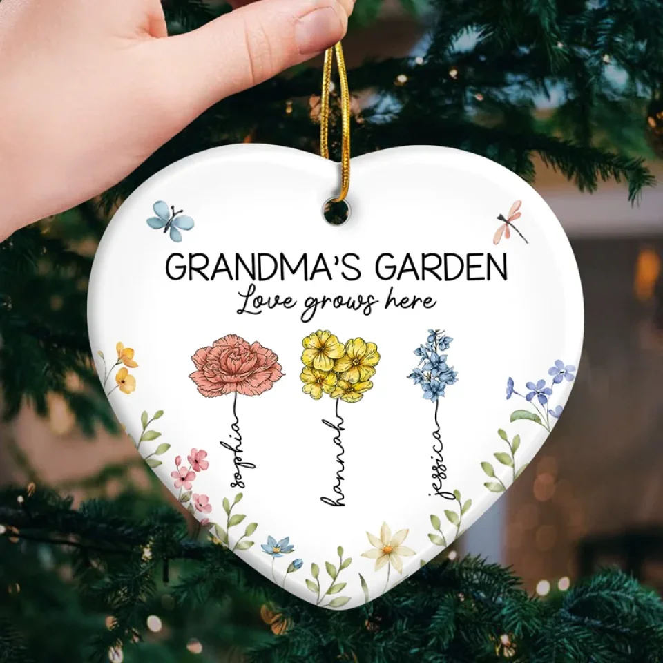 Grandma's Favorite Garden - Family Personalized Custom Ornament - Ceramic Heart Shaped - Christmas Gift For Grandma, Grandkid - Image 3