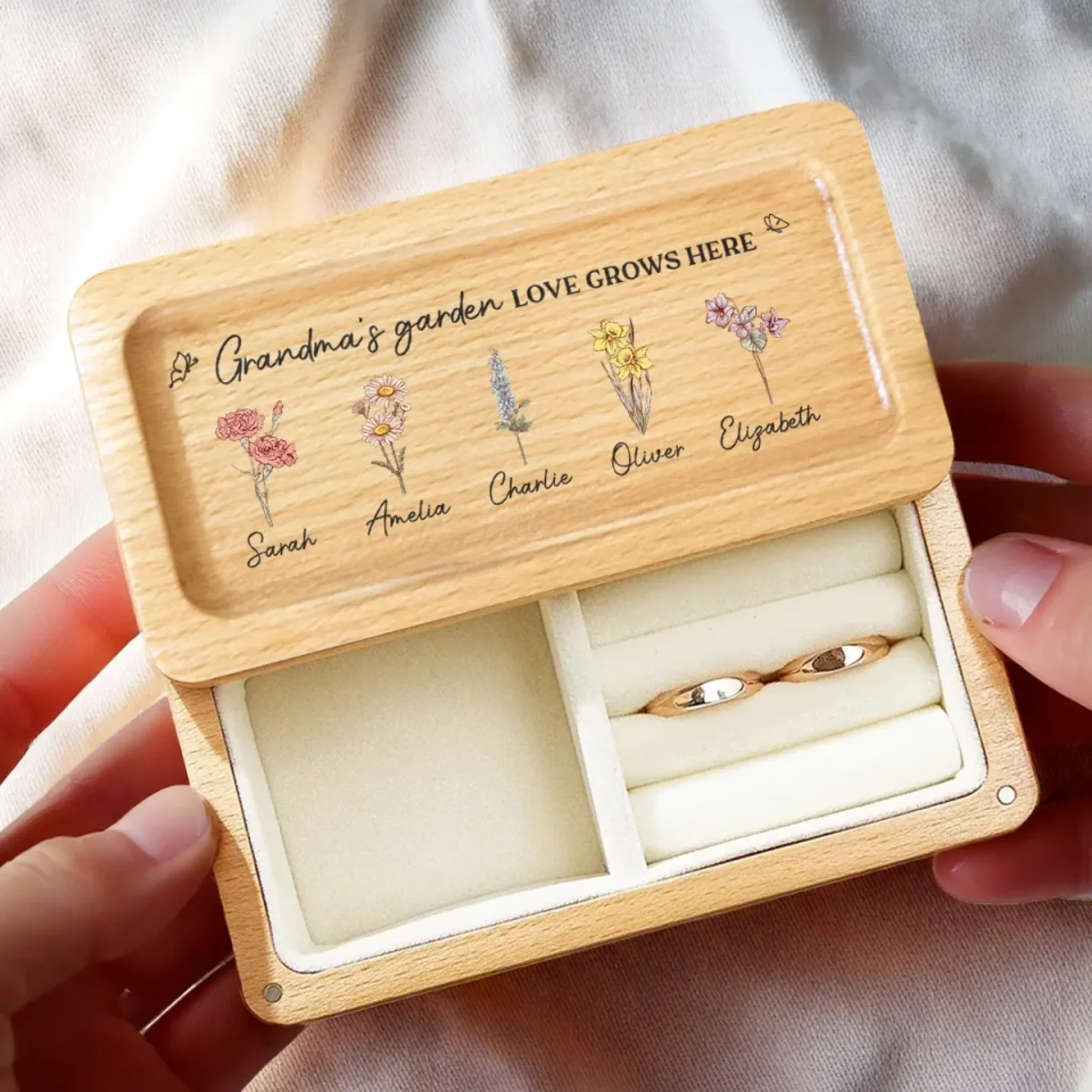 Grandma's Favorite Garden - Family Personalized Custom Wooden Jewelry Box - Mother's Day, Gift For Mom, Grandma - Image 4