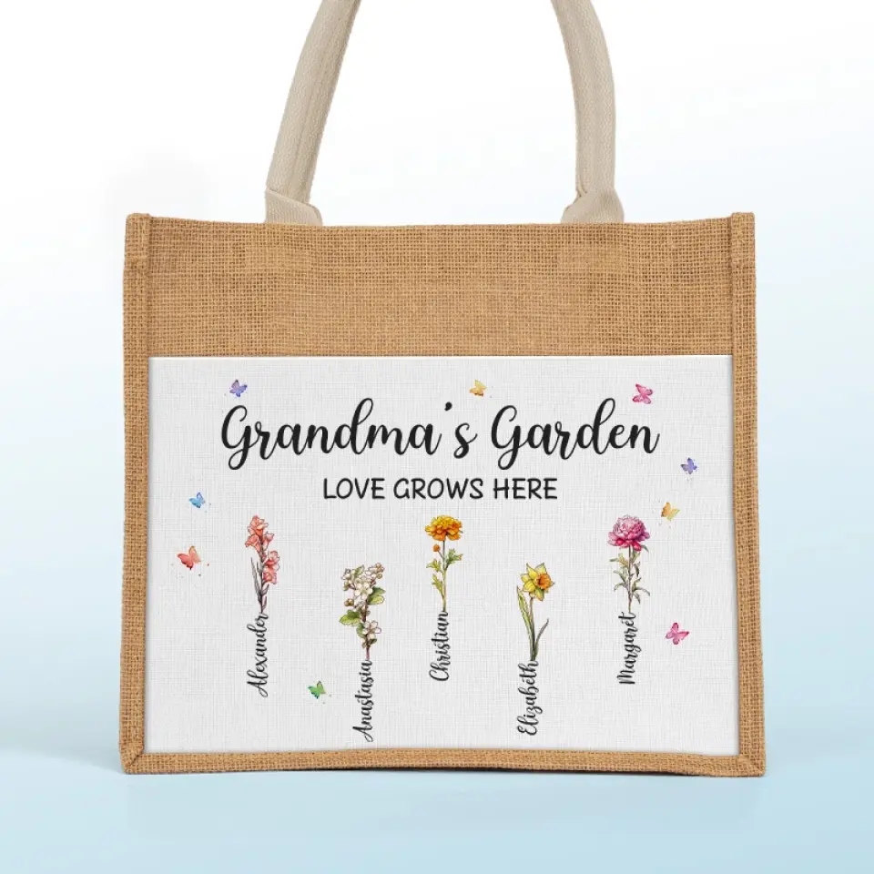 Grandma's Garden - Family Personalized Custom Tote Gift Bags, Jute Tote Bags, Beach Bags - Gift For Mom, Grandma - Image 3