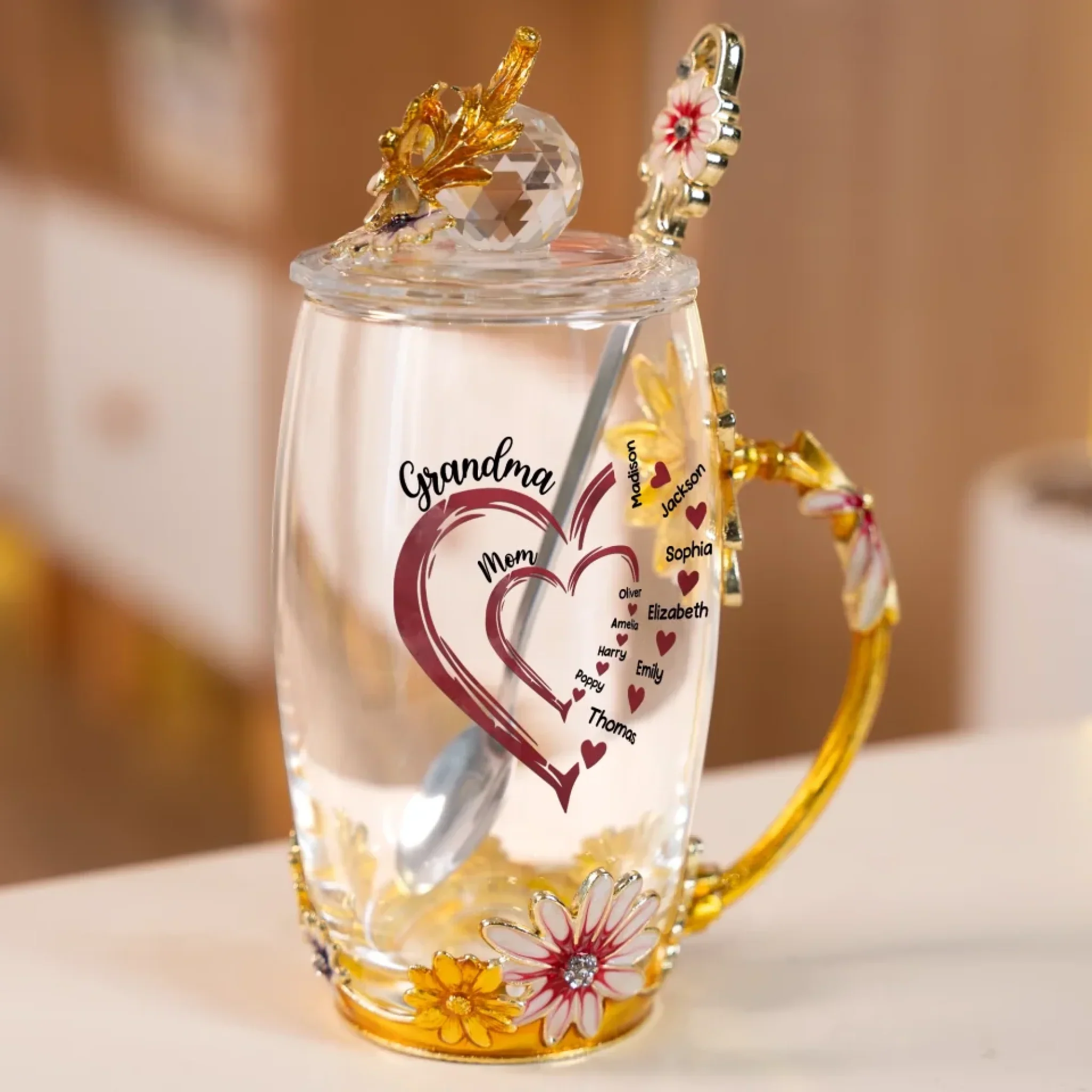 Grandma’s Heart Overflows With Love - Family Personalized Custom Enamel Flower Tea Cup With Lid & Spoon - Mother's Day, Gift For Mom, Grandma - Image 3