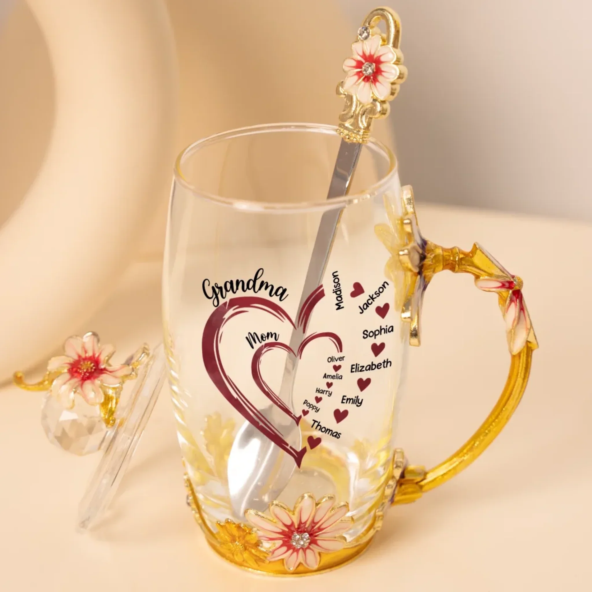 Grandma’s Heart Overflows With Love - Family Personalized Custom Enamel Flower Tea Cup With Lid & Spoon - Mother's Day, Gift For Mom, Grandma - Image 4