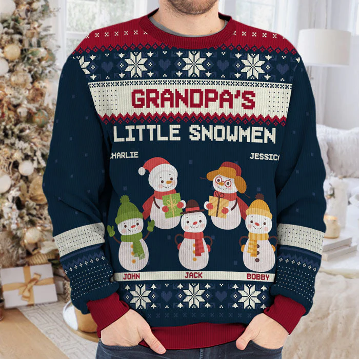 Grandma's Little Snowmen - Family Personalized Custom Ugly Sweatshirt - Unisex Wool Jumper - Christmas Gift For Grandma, Grandparents - Image 4