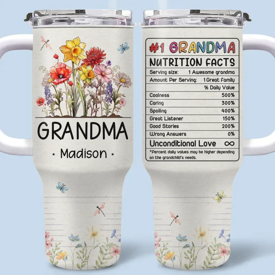 Grandma’s Love Blooms Like A Garden In Spring - Family Personalized Custom 40 Oz Stainless Steel Tumbler With Handle - Gift For Mom, Grandma - Image 2