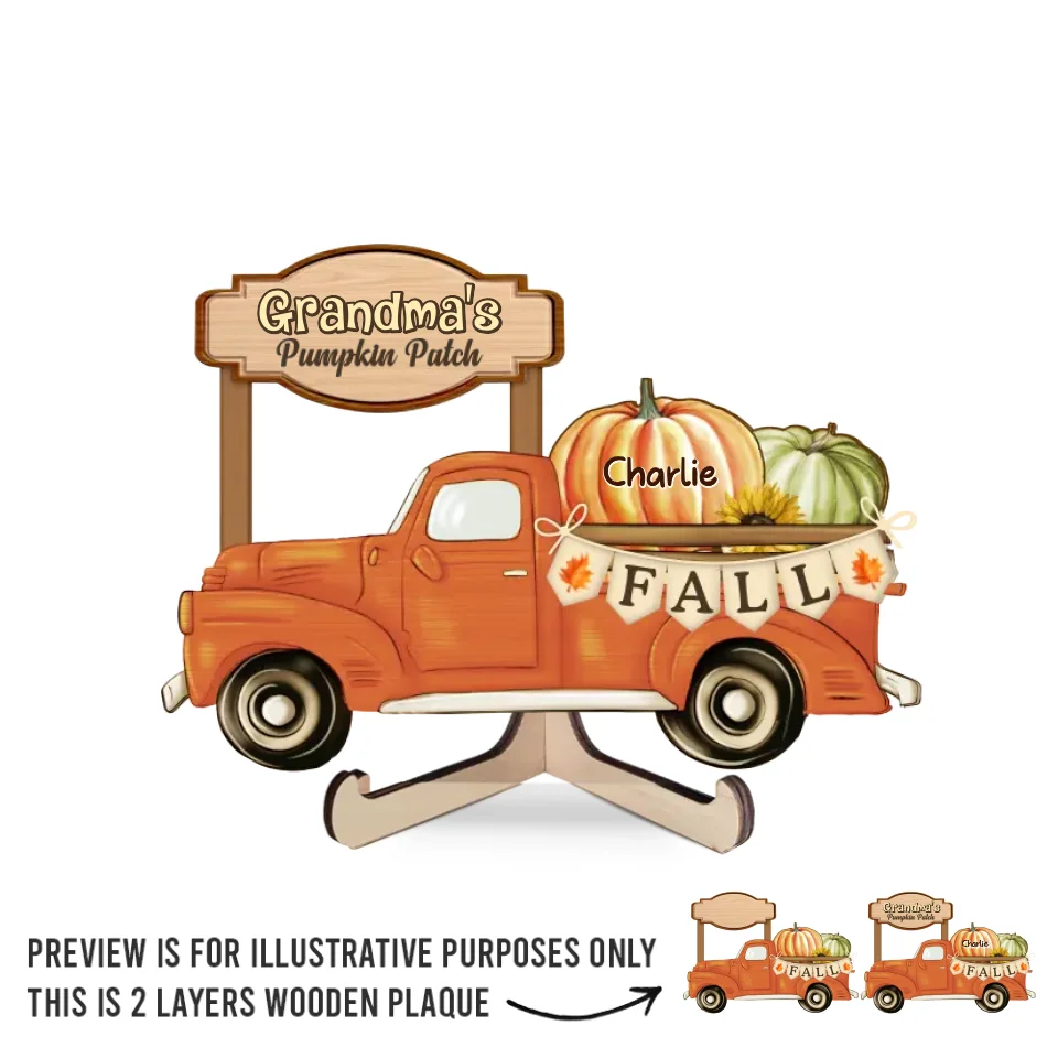 Grandma's Truck, Full Of Pumpkins And Love - Family Personalized Custom 2-Layered Wooden Plaque With Stand - Gift For Mom, Grandma - Image 2