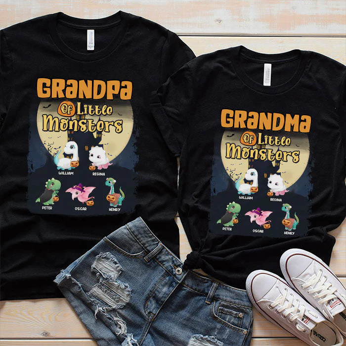 Grandpa & Grandma Of Little Monsters - Personalized Matching Couple T-Shirt - Gift For Couple, Husband Wife, Grandparents, Halloween Gift - Image 3