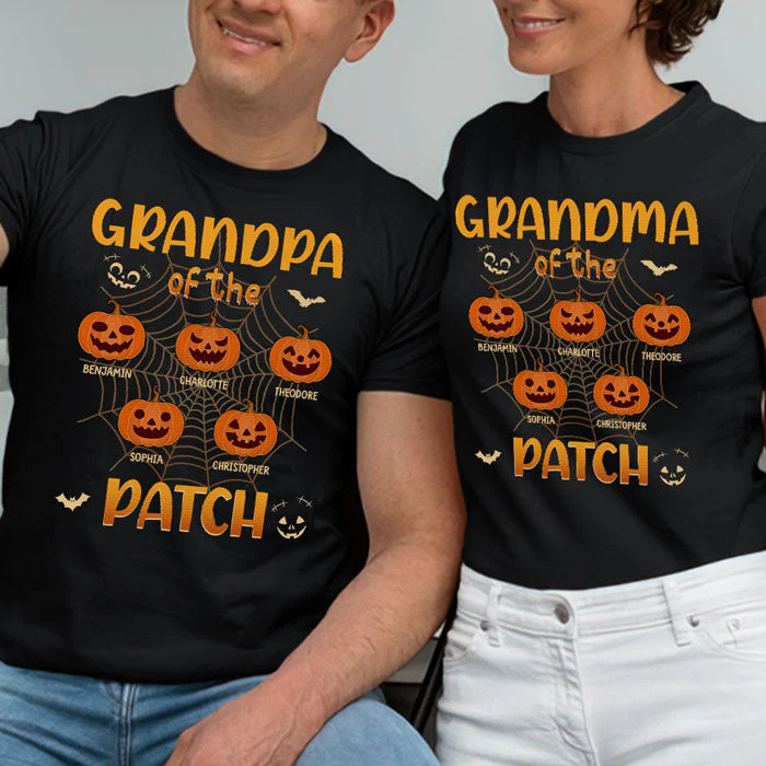 Grandpa & Grandma Of The Patch - Personalized Matching Couple T-Shirt - Gift For Couple, Husband Wife, Grandparents, Halloween Gift