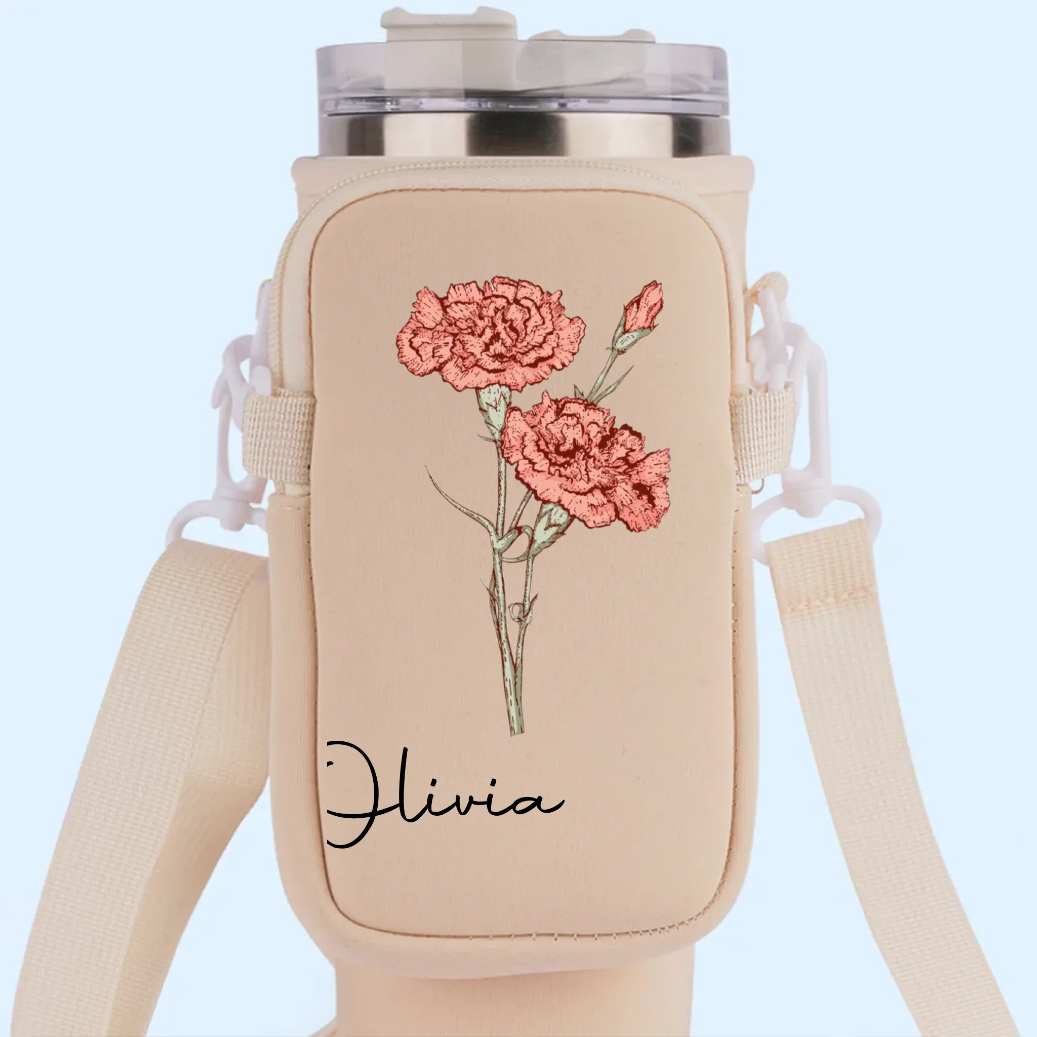 Grow Strong, Flourish Like A Flower - Family Personalized Custom Neoprene Water Bottle Carrier With Pocket - Gift For Yourself, Best Friends, Siblings, Family Members - Image 2