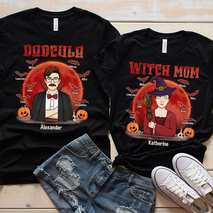 Halloween Dadcula And Witch Mom - Personalized Matching Couple T-Shirt - Gift For Couple, Husband Wife, Parents, Halloween Gift - Image 3