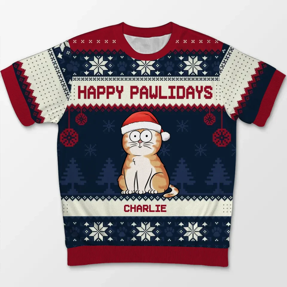 Happy Pawlidays - Dog & Cat Personalized Custom All Over Print Adult Short Sleeve Sweater - Christmas Gift For Pet Owners, Pet Lovers - Image 2