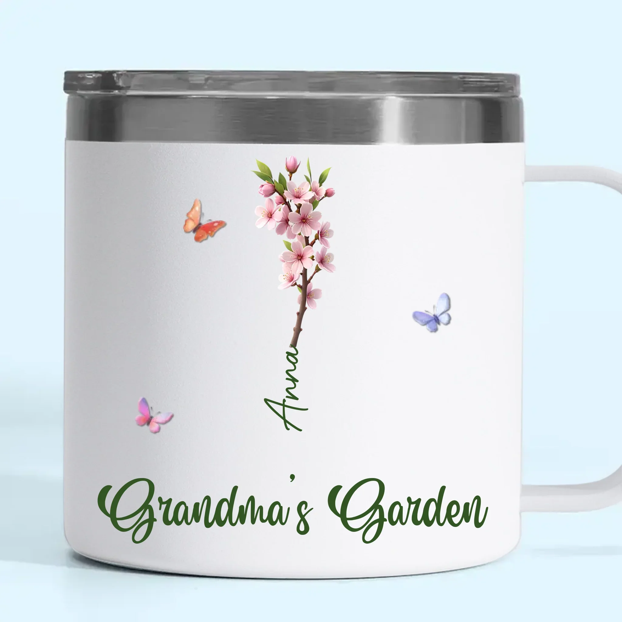 Her Garden Grows With Laughter & Little Feet - Family Personalized Custom 14oz Stainless Steel Tumbler With Handle - Mother's Day, Gift For Mom, Grandma - Image 2