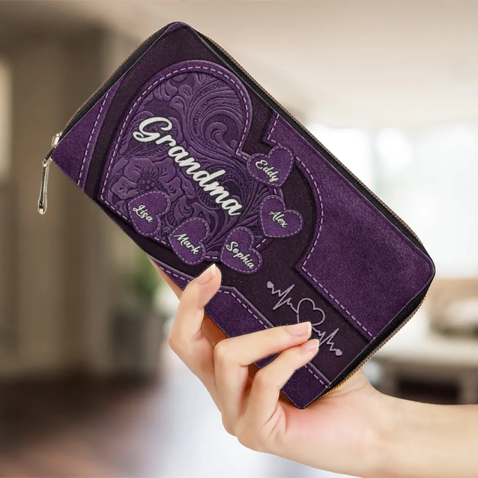 Hold My Hand, Hold My Heart - Family Personalized Custom Leather Long Wallet - Mother's Day, Gift For Mom, Grandma - Image 3