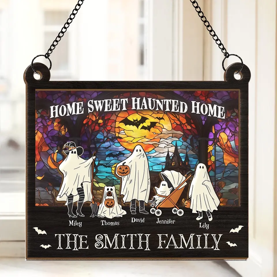 Home Sweet Haunted Home - Family Personalized Window Hanging Suncatcher - Halloween Gift For Family Members