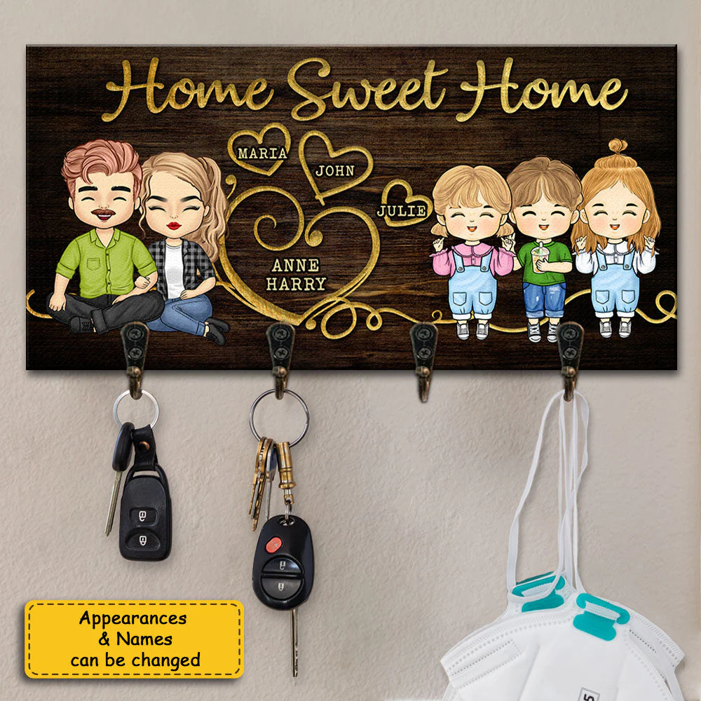 Home Sweet Home - Personalized Key Hanger, Key Holder - Gift for Couples Husband Wife 4-5 Key Hooks Wooden Decorative Family Sign with Hooks Key Holder for Wall Decorative (Man-Woman) - Image 2