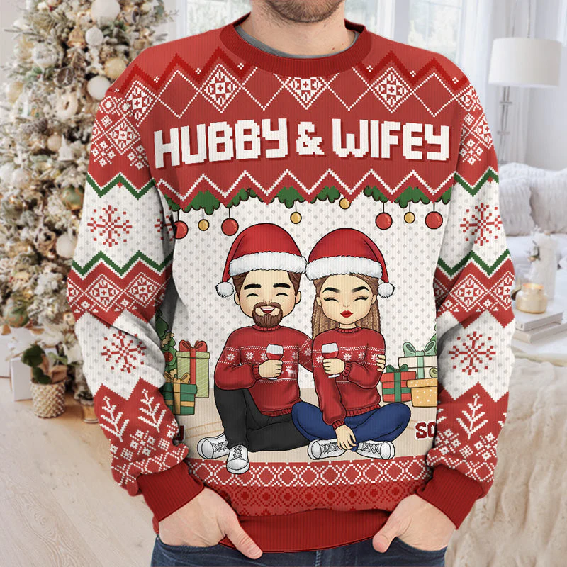 Hubby And Wifey - Couple Personalized Custom Ugly Sweatshirt - Unisex Wool Jumper - Christmas Gift For Husband Wife, Anniversary - Image 3