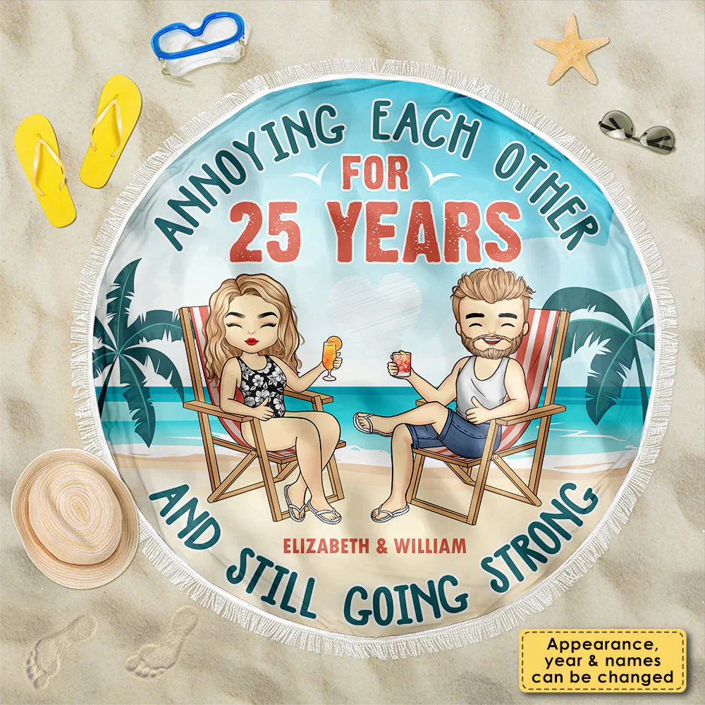 Husband Wife Annoying Each Other - Personalized Round Beach Towel - Gift For Couples, Husband Wife - Image 3