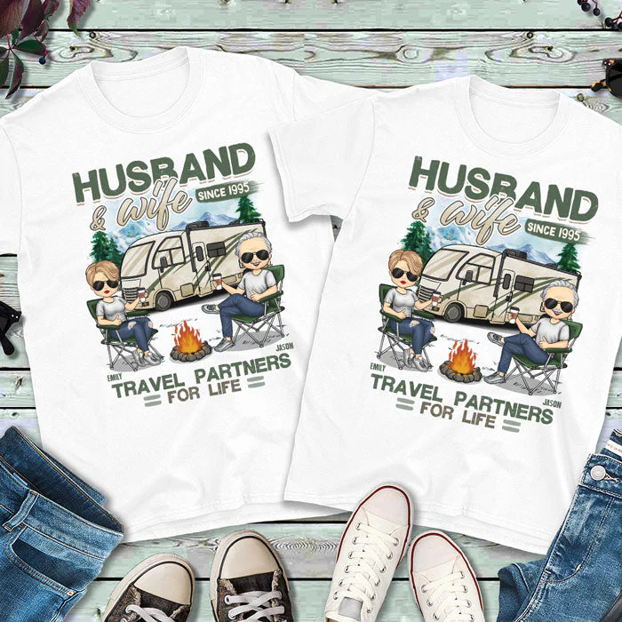 Husband & Wife, Travel Partners For Life - Personalized Matching Couple T-Shirt - Gift For Couple, Husband Wife, Anniversary, Engagement, Wedding, Marriage, Camping Gift - Image 3