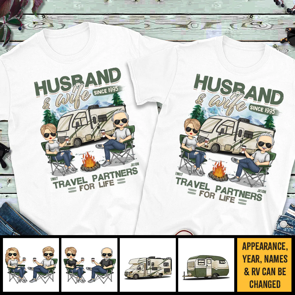 Husband & Wife, Travel Partners For Life - Personalized Matching Couple T-Shirt - Gift For Couple, Husband Wife, Anniversary, Engagement, Wedding, Marriage, Camping Gift - Image 4