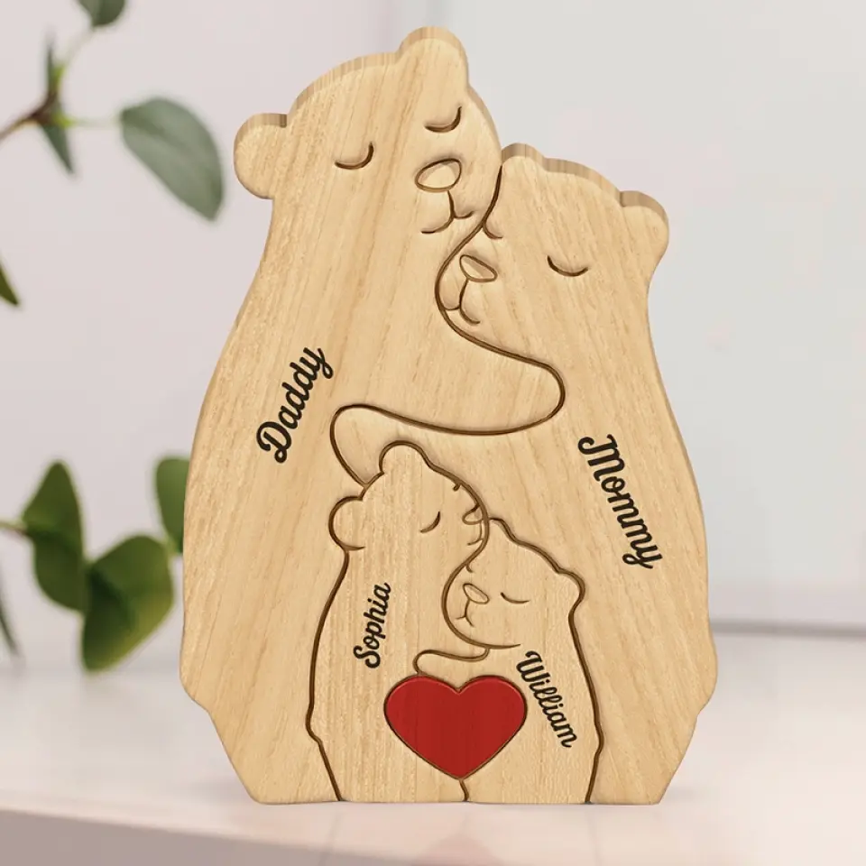 I Love My Family - Family Personalized Custom Bear Shaped Wooden Art Puzzle - Wooden Pet Carvings, Wood Sculpture Table Ornaments, Carved Wood Decor - Gift For Family Members - Image 3