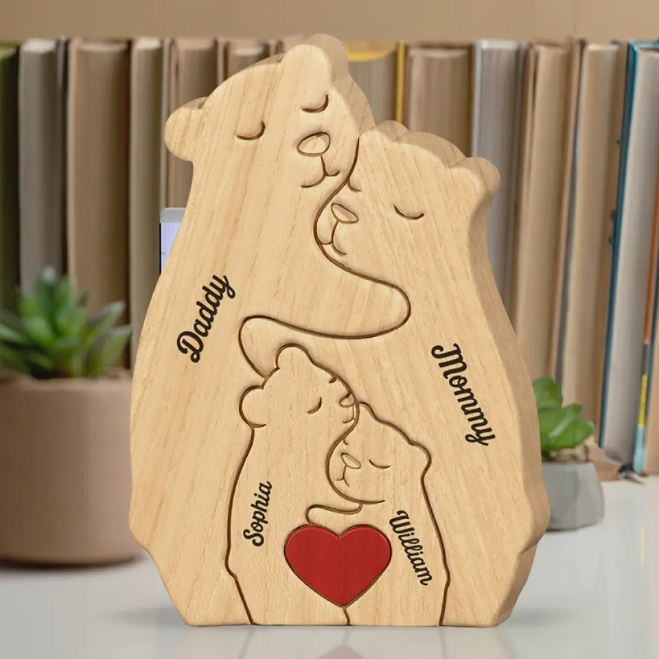 I Love My Family - Family Personalized Custom Bear Shaped Wooden Art Puzzle - Wooden Pet Carvings, Wood Sculpture Table Ornaments, Carved Wood Decor - Gift For Family Members - Image 5