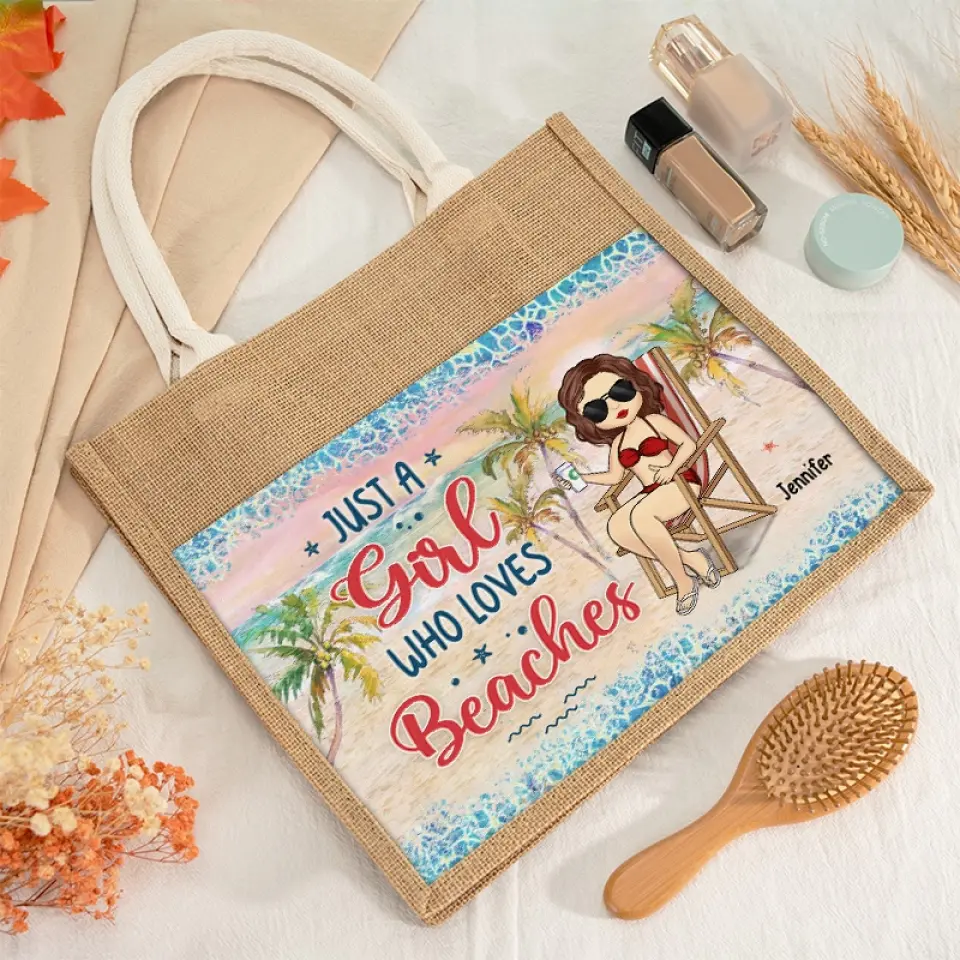 Just A Girl Who Loves Beaches - Bestie Personalized Custom Tote Gift Bags, Jute Tote Bags, Beach Bags - Gift For Best Friends, BFF, Sisters - Image 4