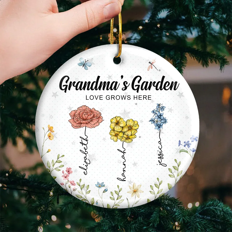 Just As Flowers Bring Color To The Garden, Grandma Bring Joy To Our Hearts - Family Personalized Custom Ornament - Ceramic Round Shaped - Christmas Gift For Grandma - Image 3