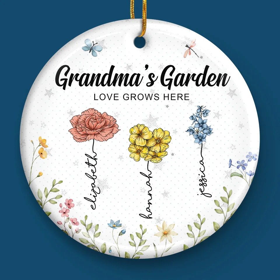 Just As Flowers Bring Color To The Garden, Grandma Bring Joy To Our Hearts - Family Personalized Custom Ornament - Ceramic Round Shaped - Christmas Gift For Grandma - Image 4