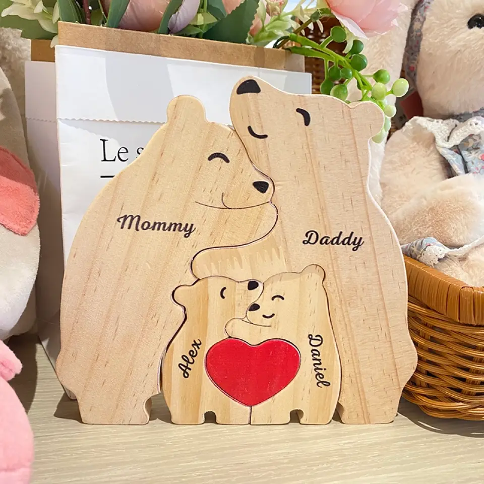 Let Love Be Genuine - Family Personalized Custom Bear Shaped Wooden Art Puzzle - Wooden Pet Carvings, Wood Sculpture Table Ornaments, Carved Wood Decor - Gift For Family Members - Image 5