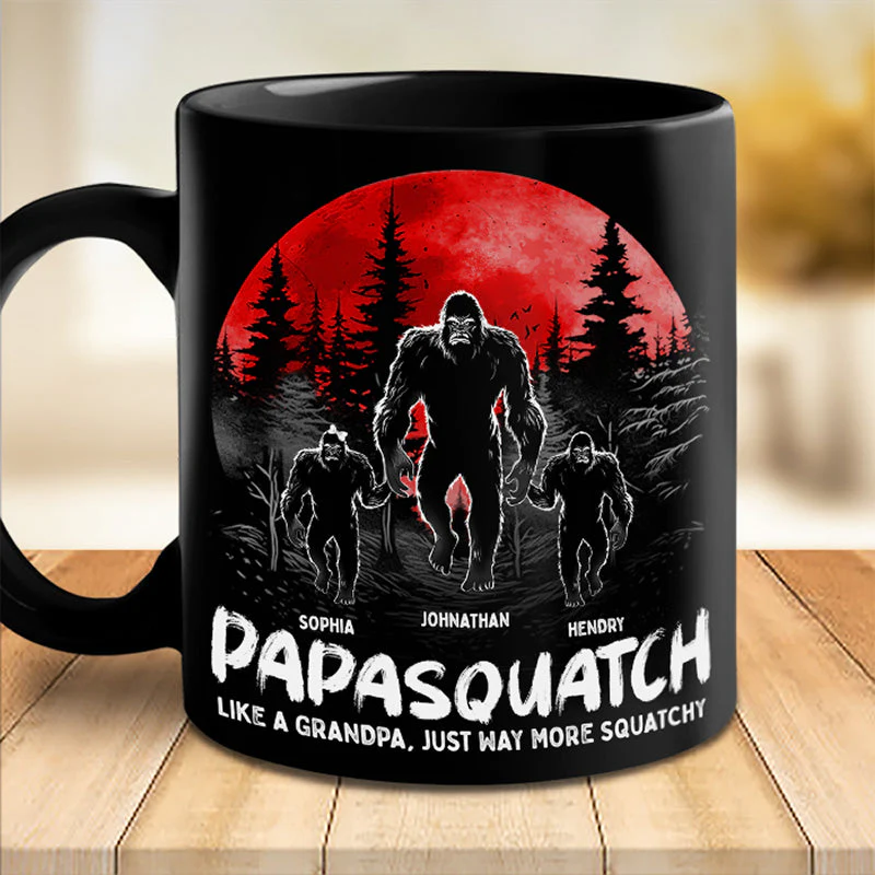 Like A Daddy Just More Squatchy - Family Personalized Custom Black Mug - Gift For Dad, Grandpa