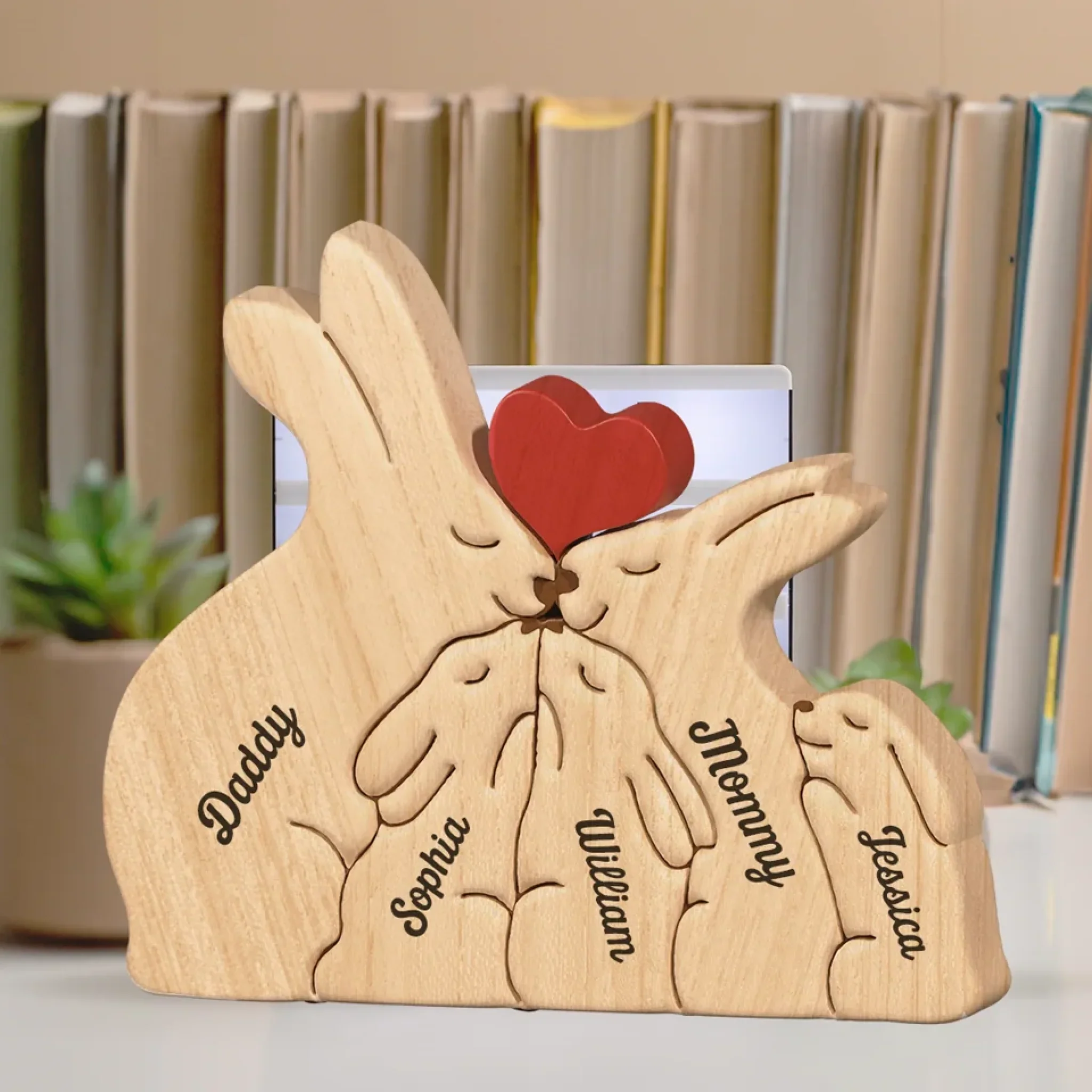 Love & Bunnies - Family Personalized Custom Rabbit Shaped Wooden Art Puzzle - Wooden Pet Carvings, Wood Sculpture Table Ornaments, Carved Wood Decor - Gift For Family Members - Image 5
