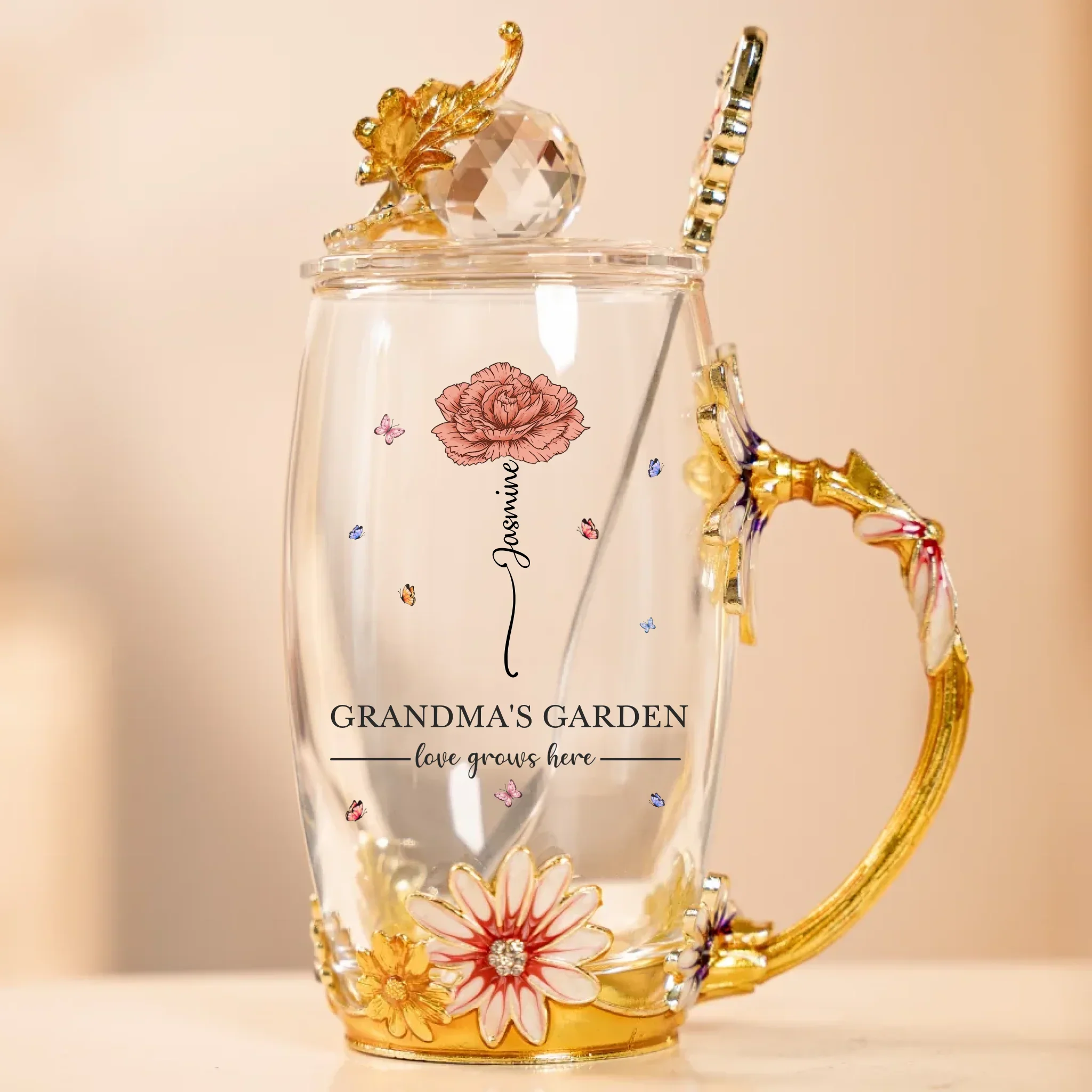 Love Grows Here - Family Personalized Custom Enamel Flower Tea Cup With Lid & Spoon - Mother's Day, Gift For Mom, Grandma - Image 2