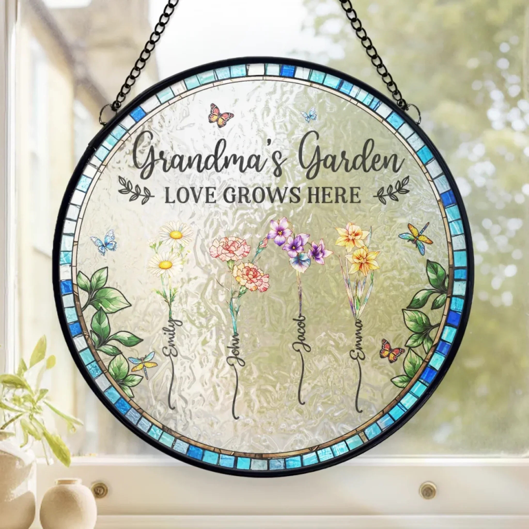 Love Grows In Every Mother’s Heart - Family Personalized Custom Stained Glass Window Hanging Suncatcher - Mother's Day, Gift For Mom, Grandma