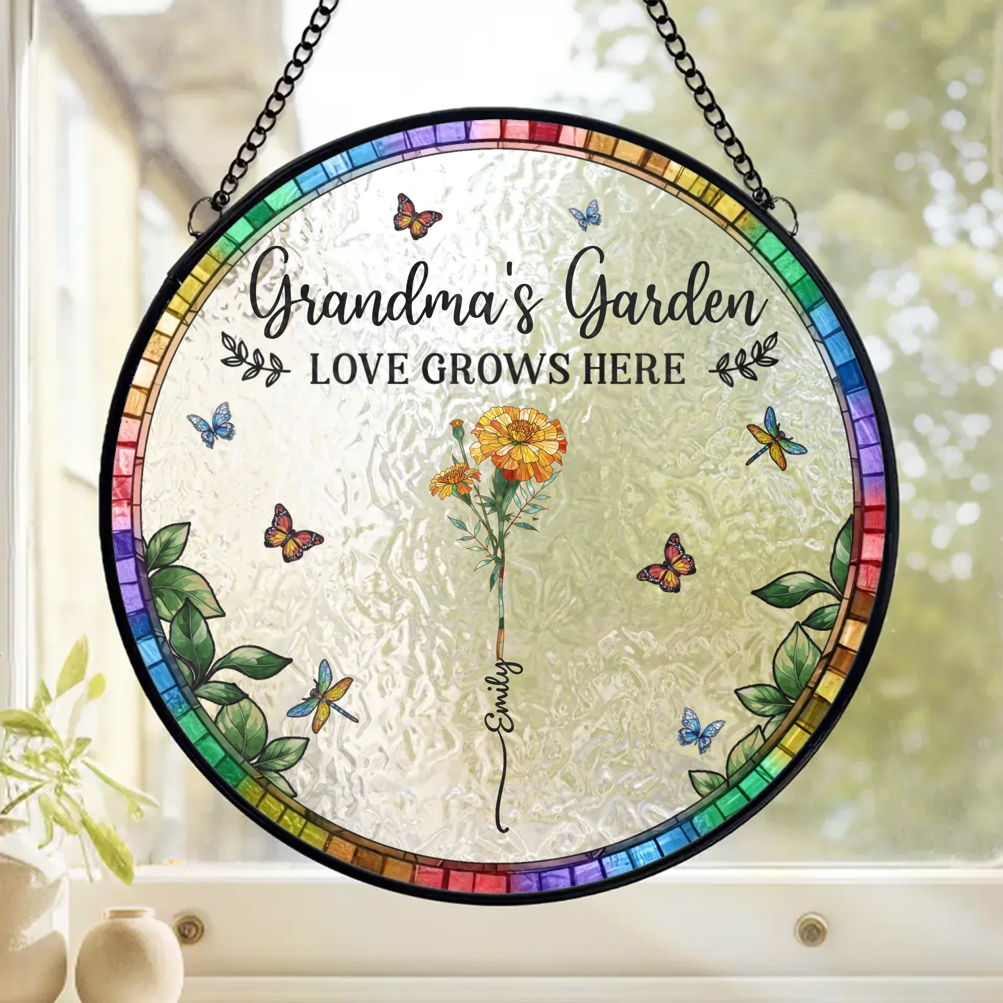 Love Grows In Every Mother’s Heart - Family Personalized Custom Stained Glass Window Hanging Suncatcher - Mother's Day, Gift For Mom, Grandma - Image 2