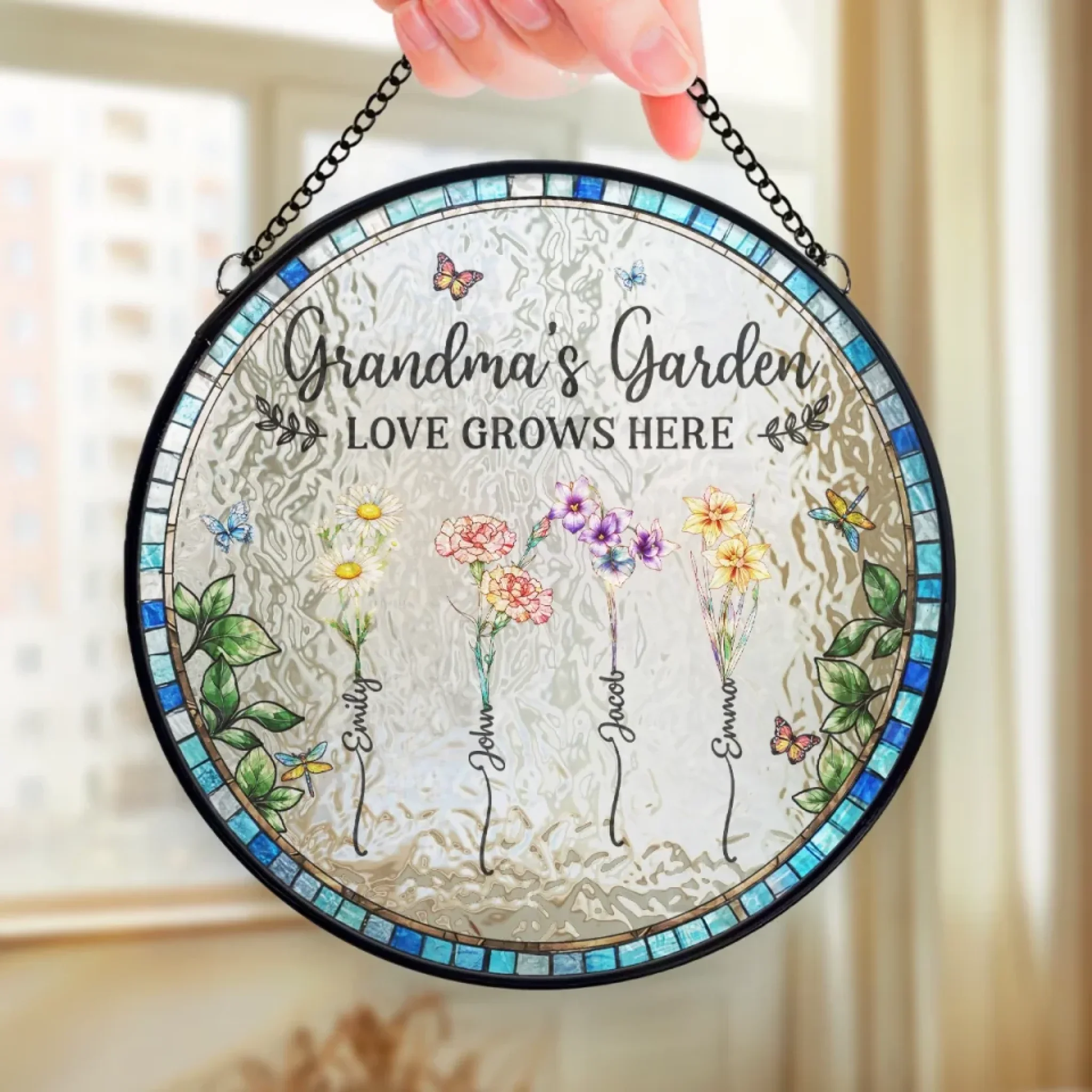 Love Grows In Every Mother’s Heart - Family Personalized Custom Stained Glass Window Hanging Suncatcher - Mother's Day, Gift For Mom, Grandma - Image 4