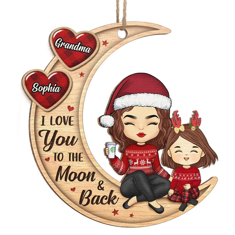 Love You To The Moon And Back Heart Plaid - Family Personalized Custom Ornament - Wood Custom Shaped - Christmas Gift, Gift For Family Members - Image 2