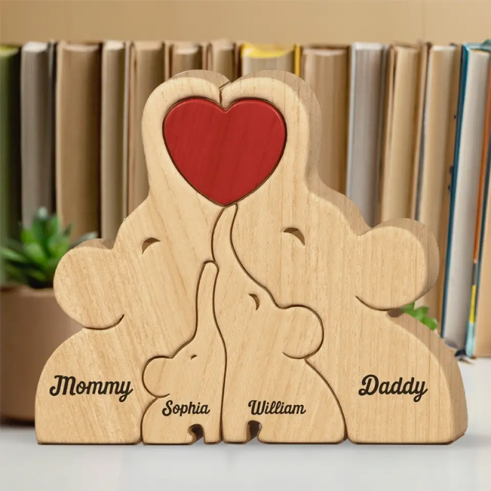 Lovely Family - Family Personalized Custom Elephant Shaped Wooden Art Puzzle - Wooden Pet Carvings, Wood Sculpture Table Ornaments, Carved Wood Decor - Gift For Family Members - Image 5