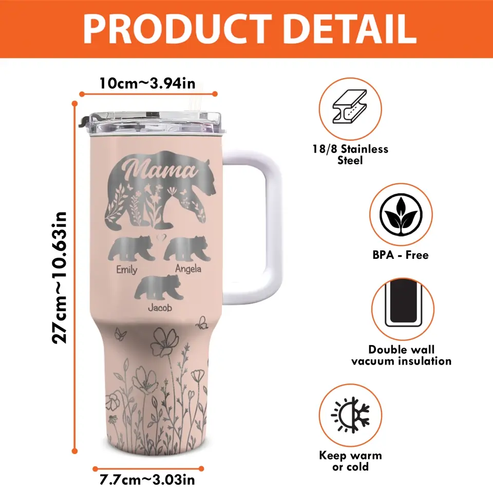 Mama Bear - Family Personalized Custom 40 Oz Stainless Steel Tumbler With Handle - Mother's Day, Gift For Mom, Grandma - Image 4
