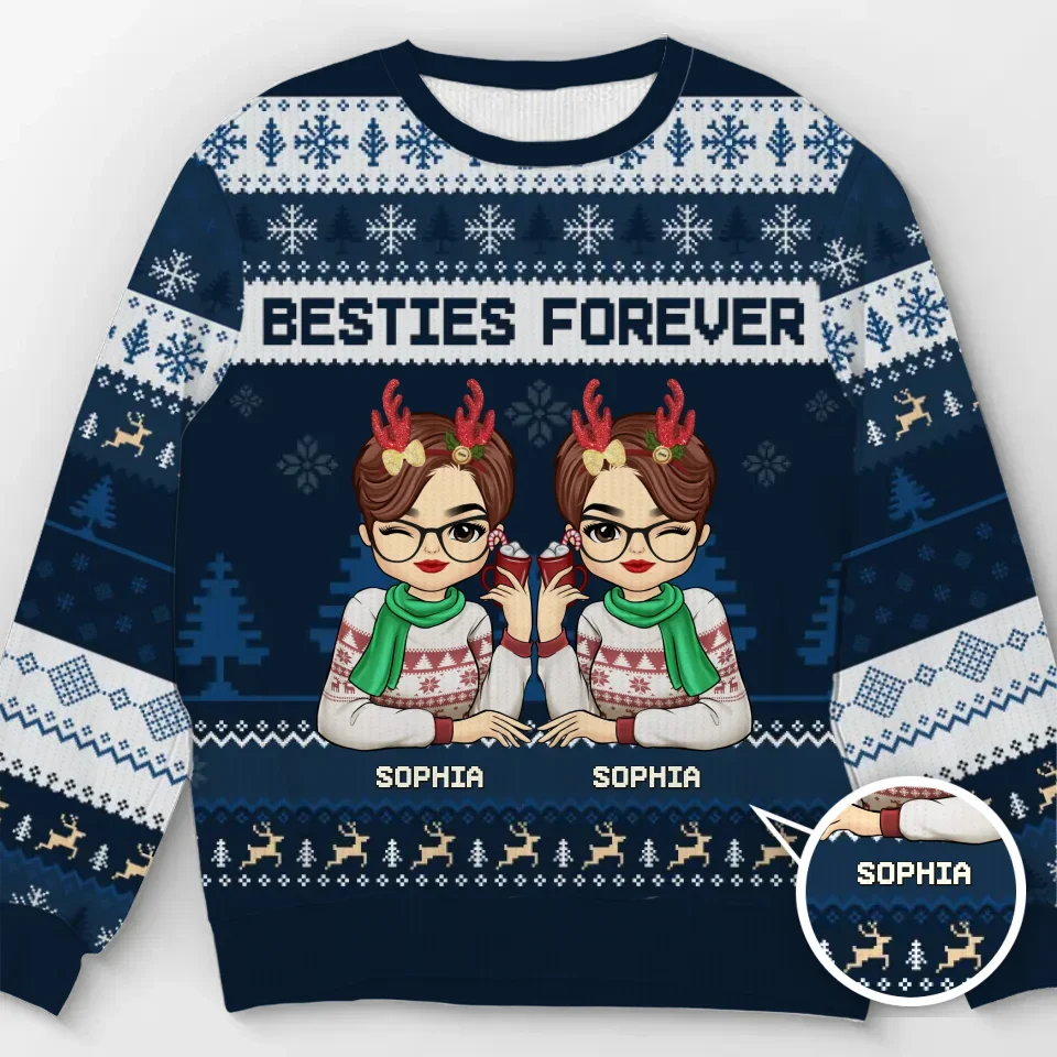 Merry Bestiemas - Bestie Personalized Custom Ugly Sweatshirt - Unisex Wool Jumper - Christmas Gift For Best Friends, BFF, Sisters - Image 2