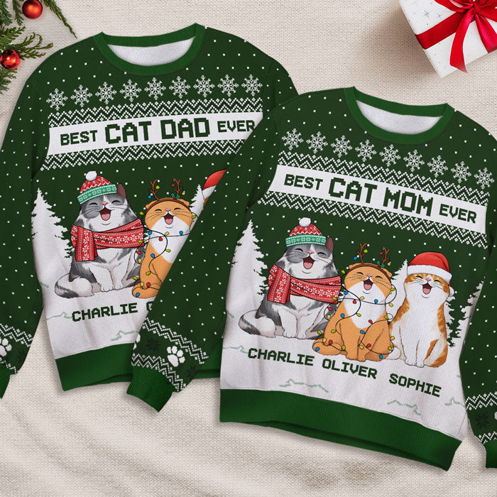 Merry Christmas Best Cat Mom Cat Dad - Cat Personalized Custom Ugly Sweatshirt - Unisex Wool Jumper - Christmas Gift For Pet Owners, Pet Lovers - Image 3