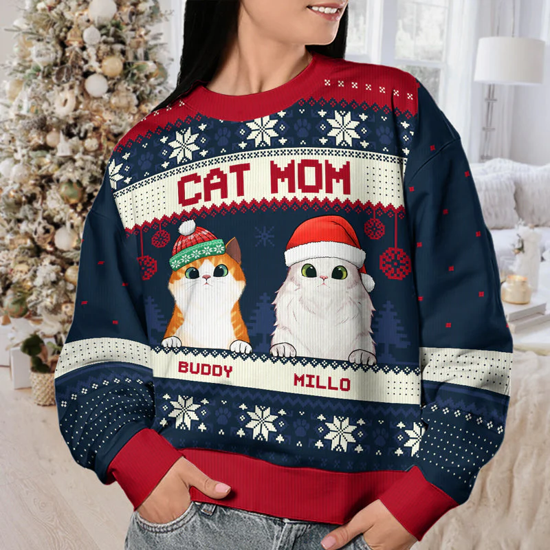 Merry Christmas Cat Dad Cat Mom - Personalized Custom Unisex Ugly Christmas Sweatshirt, Wool Sweatshirt, All-Over-Print Sweatshirt - Gift For Cat Lovers, Pet Lovers, Christmas New Arrival Gift - Image 5