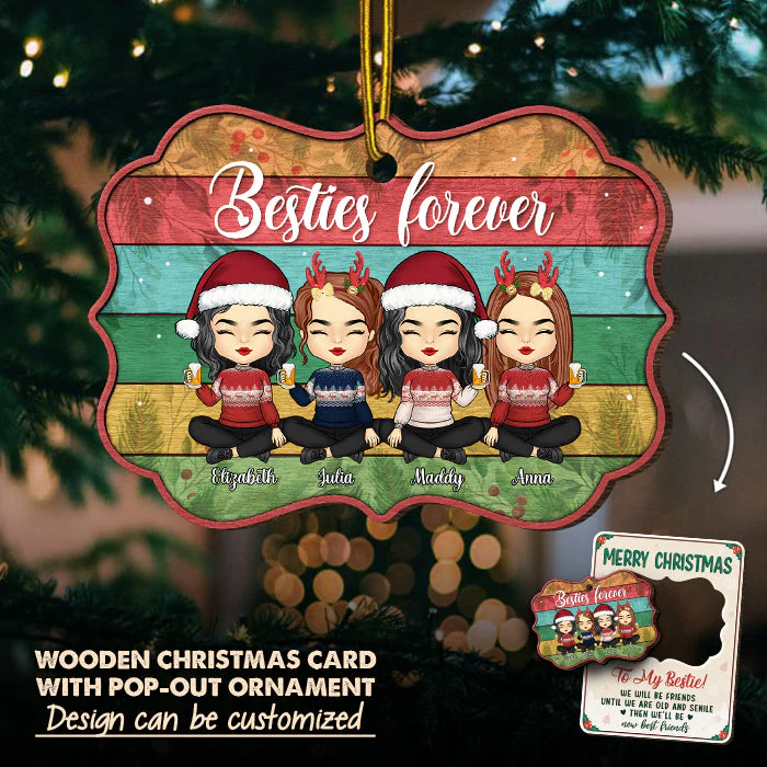 Merry Christmas To My Besties - Personalized Custom Christmas Wooden Card With Pop Out Ornament - Gift For Bestie, Best Friend, Sister, Birthday Gift For Bestie And Friend, Christmas Gift - Image 2