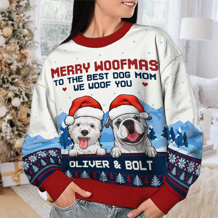 Merry Woofmas To The Best Dog Dad & Dog Mom - Personalized Custom Unisex Ugly Christmas Sweatshirt, Wool Sweatshirt, All-Over-Print Sweatshirt - Gift For Dog Lovers, Pet Lovers, Christmas Gift - Image 4